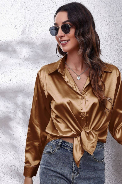 Button Down Satin Long Sleeve Top: White