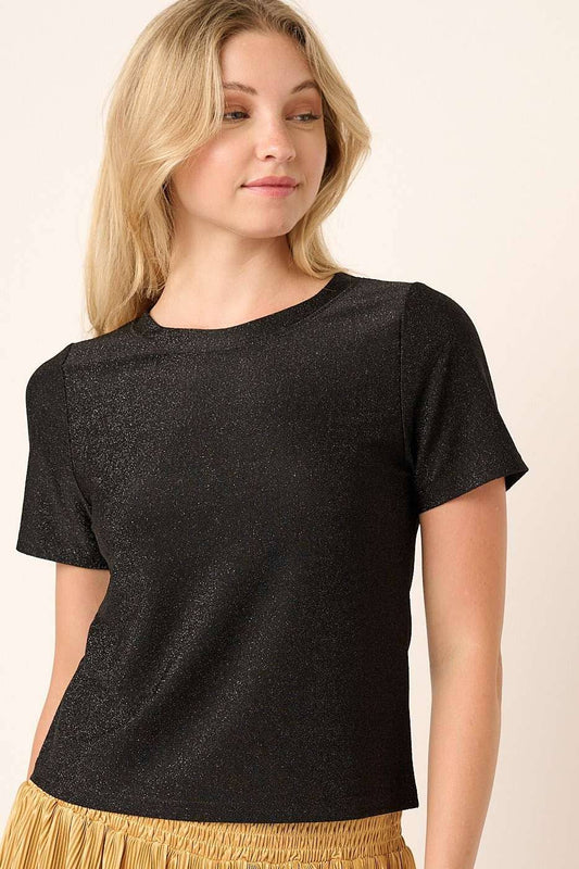 LUREX KNIT ROUND NECK SHORT SLEEVE TOP