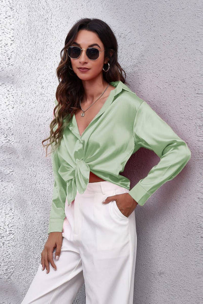 Button Down Satin Long Sleeve Top: White