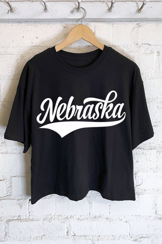 Nebraska Puff Graphic Long Crop Black Tee