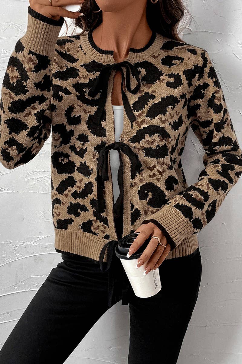 Leopard Print Bow Tie Knit Sweater