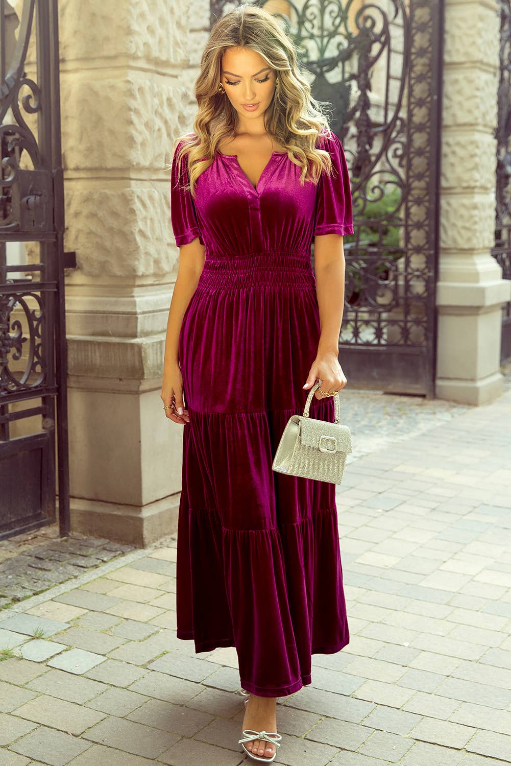 Berry Velvet Shirred Waist Maxi Dress