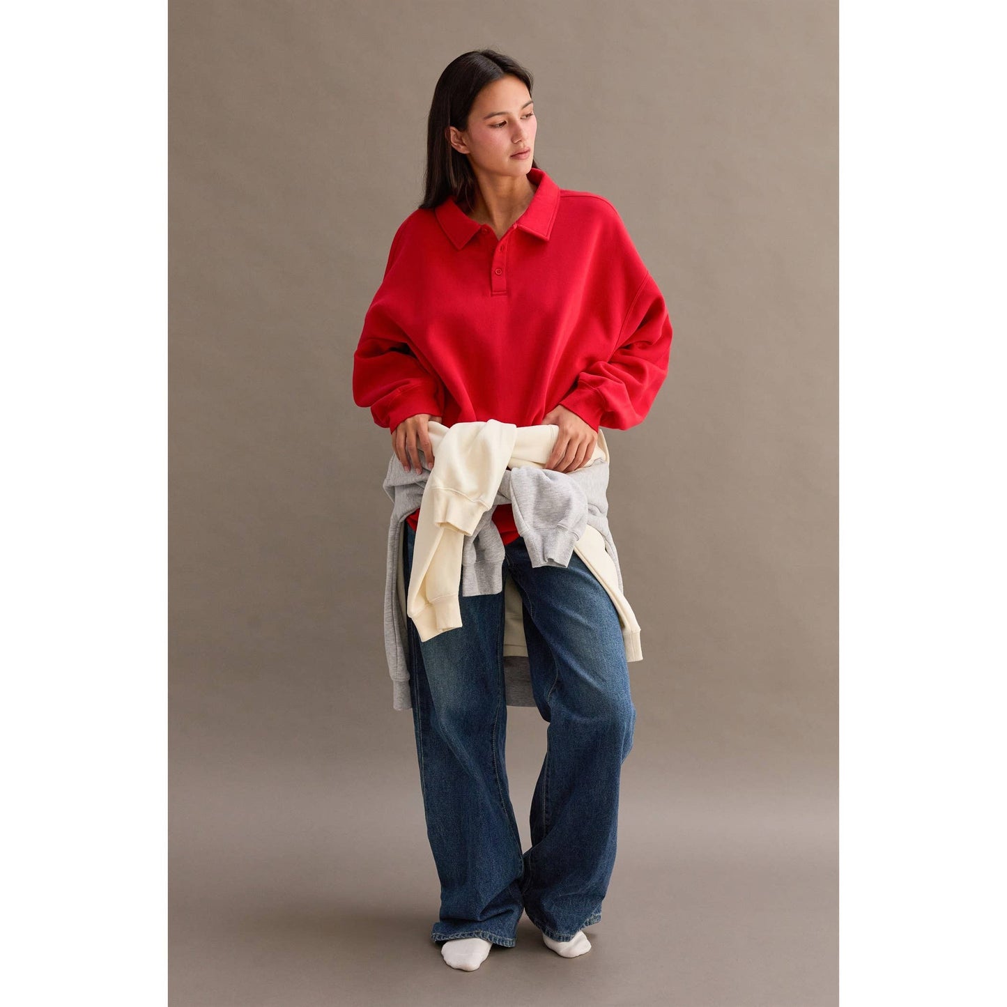 Oversized Polo Collared Pullover: RED