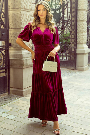 Berry Velvet Shirred Waist Maxi Dress