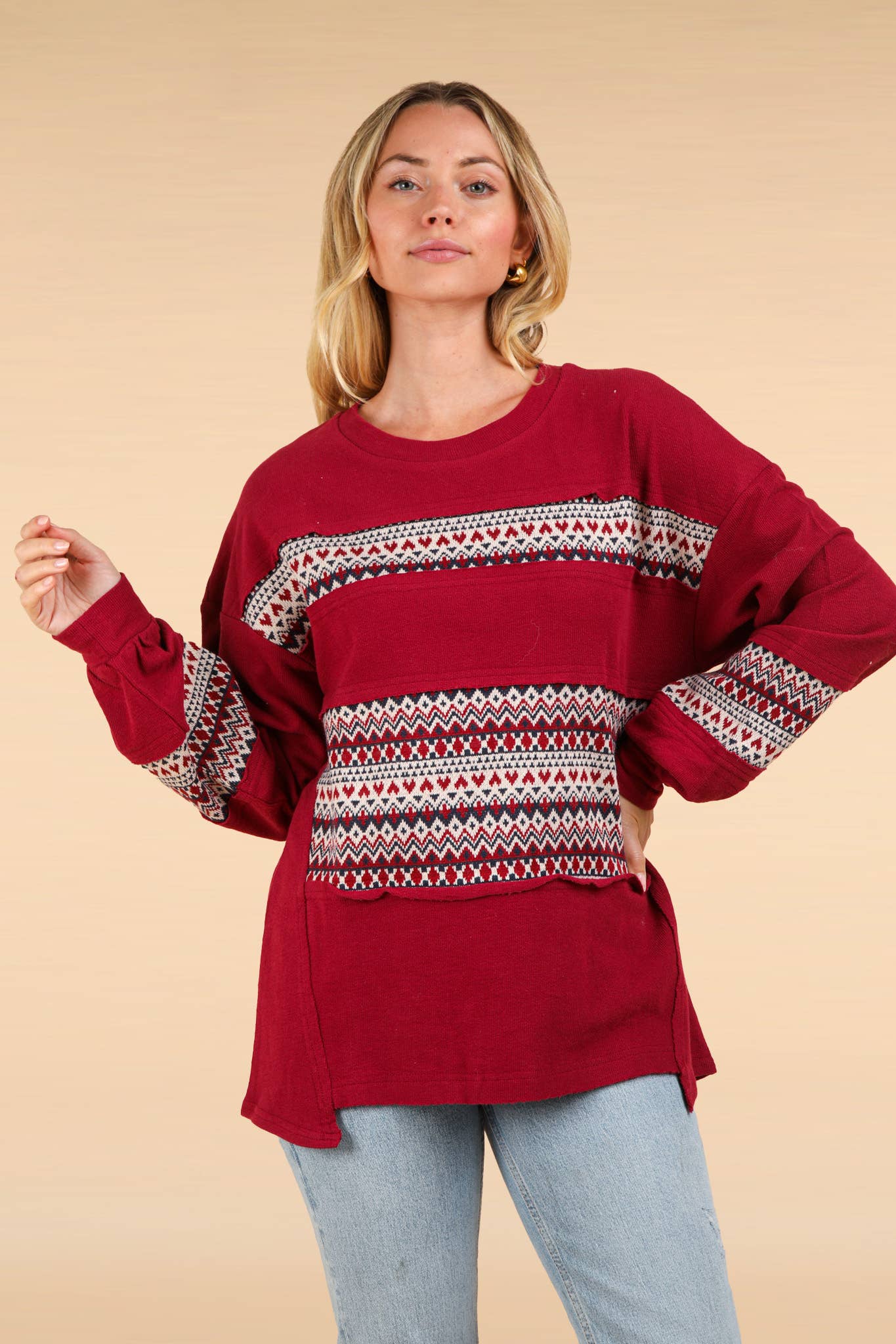 Oversized Printed Knit Top (wine)