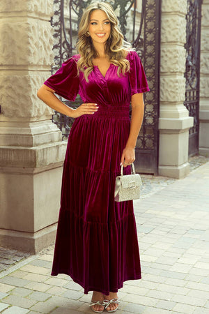 Berry Velvet Shirred Waist Maxi Dress