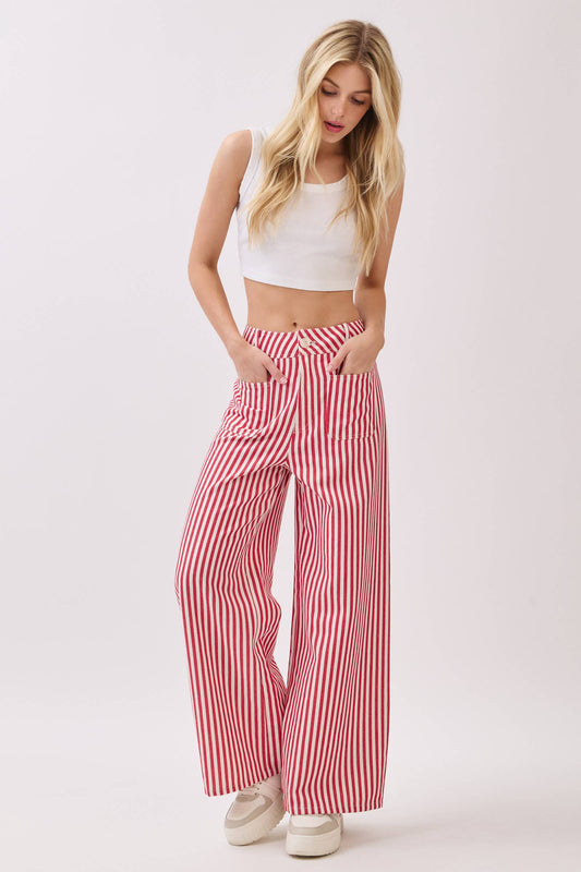 Lightweight Twill Stripe Wide Leg Pants (RED)