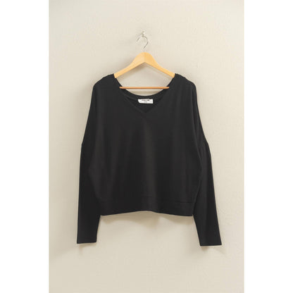 V-Neck Long Sleeve Knit Sweater: BLACK