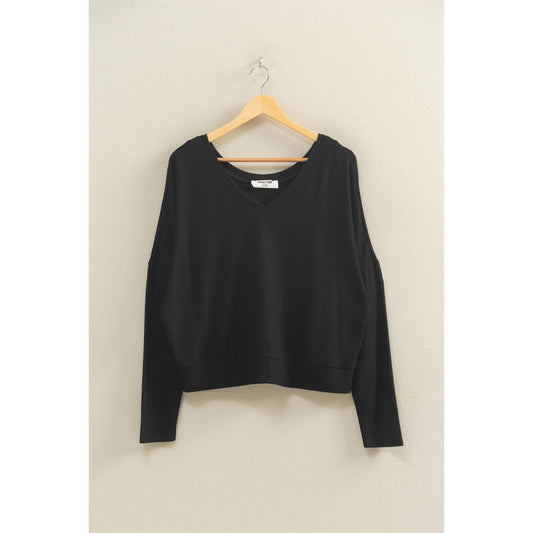 V-Neck Long Sleeve Knit Sweater: BLACK