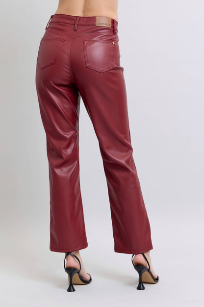 Faux Leather Tummy Control High Waisted Straight: Red