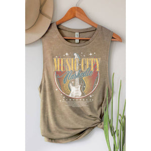 NASHVILLE MUSIC CITY MINERAL GRAPHIC TANK TOP: Mineral Taupe / L