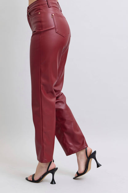 Faux Leather Tummy Control High Waisted Straight: Red