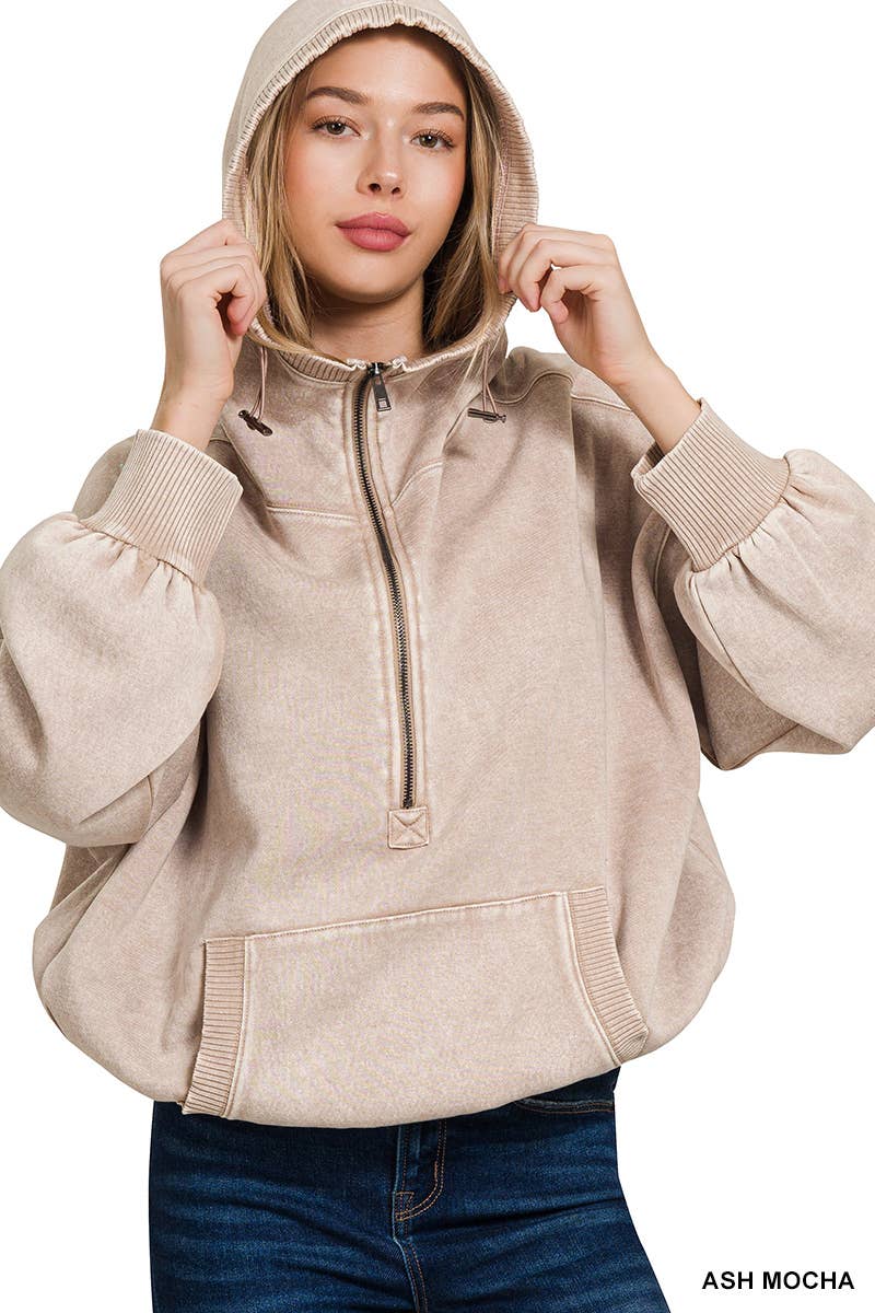 Washed Drawstring Hem Half Zip Kangaroo Hoodie