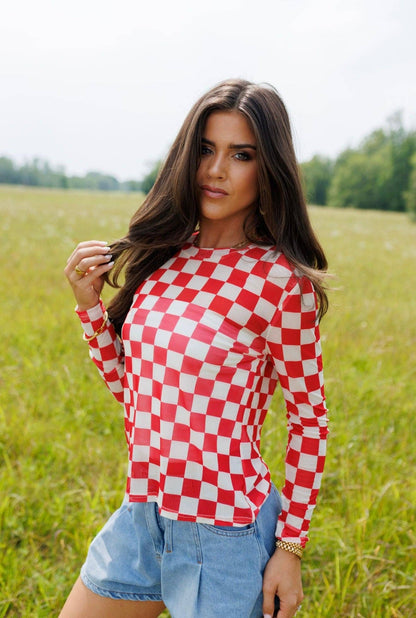 Red Checkerboard Mesh Top