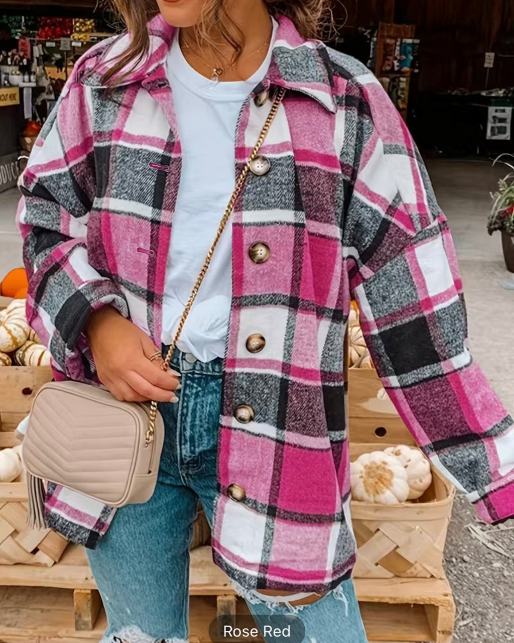 Rose Drop Shoulder Plaid Shacket