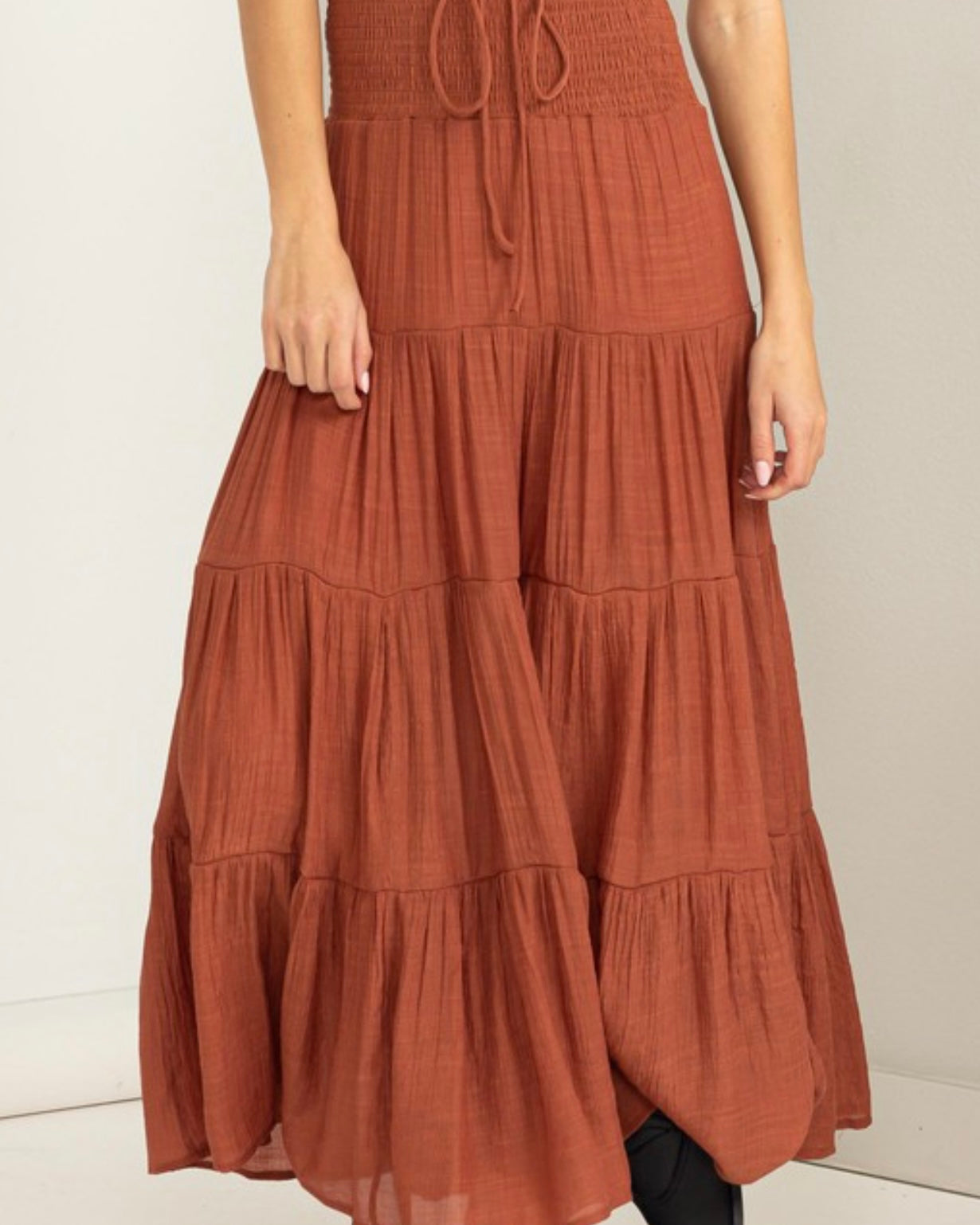 Pick Me High Waisted Tier Skirt in Rust